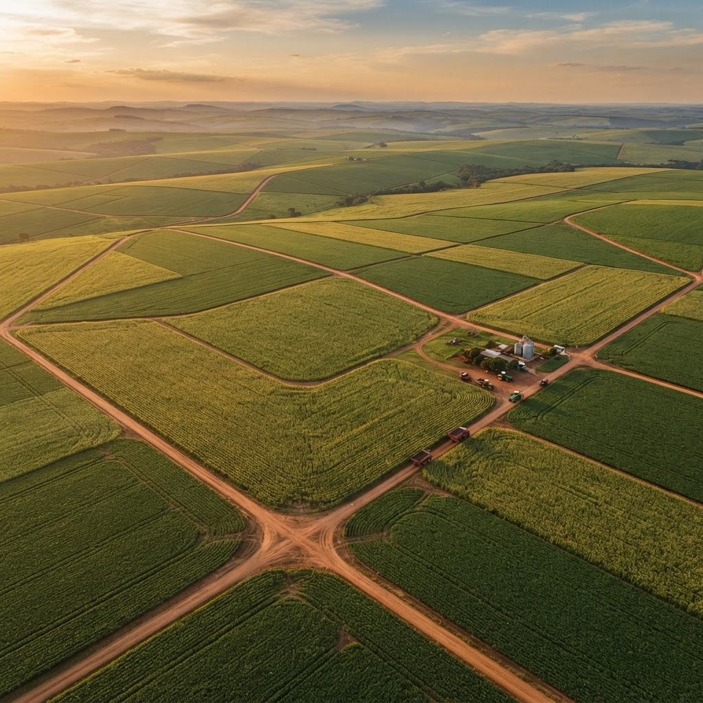 Vista aérea de campos agrícolas brasileiros ao entardecer